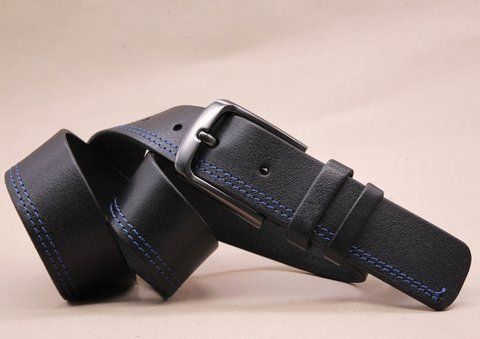 Black belt stitched with blue thread